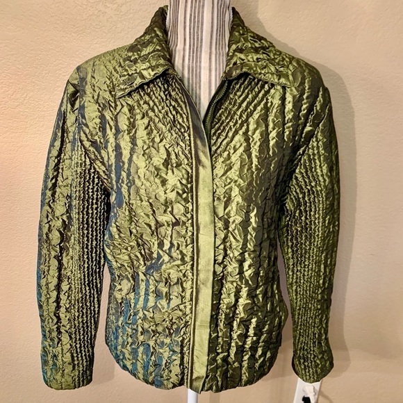New UBU Jacket Small Reversible Olive Green Shiny & Matte Sides Long Slvs Zipup - Picture 2 of 15
